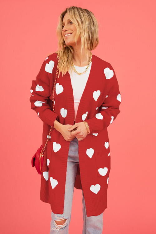 Heart Graphic Patterned Open Front Cardigan with Pockets