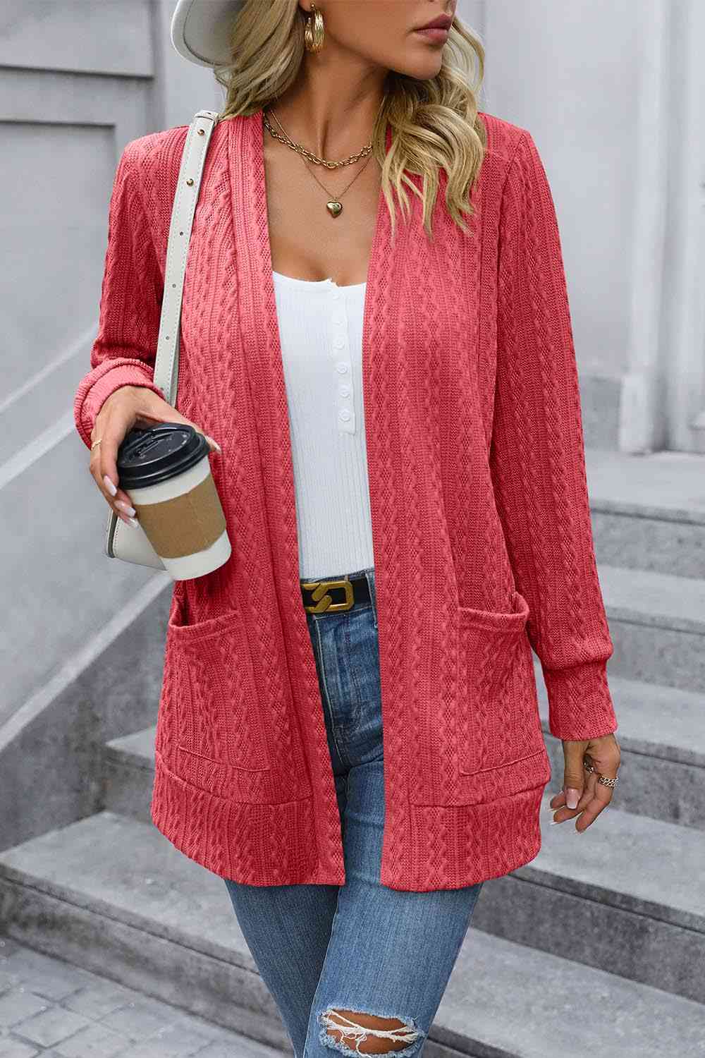 Tiny Basic Cable-Knit Long Sleeve Cardigan with Pocket