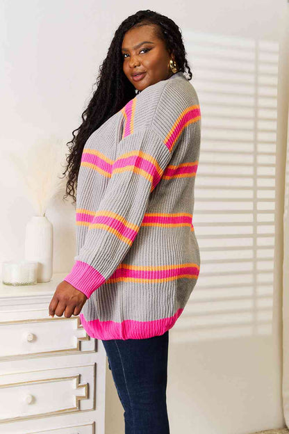 Pink and Orange Woven Stripe Right Ribbed Long Sleeve Cardigan