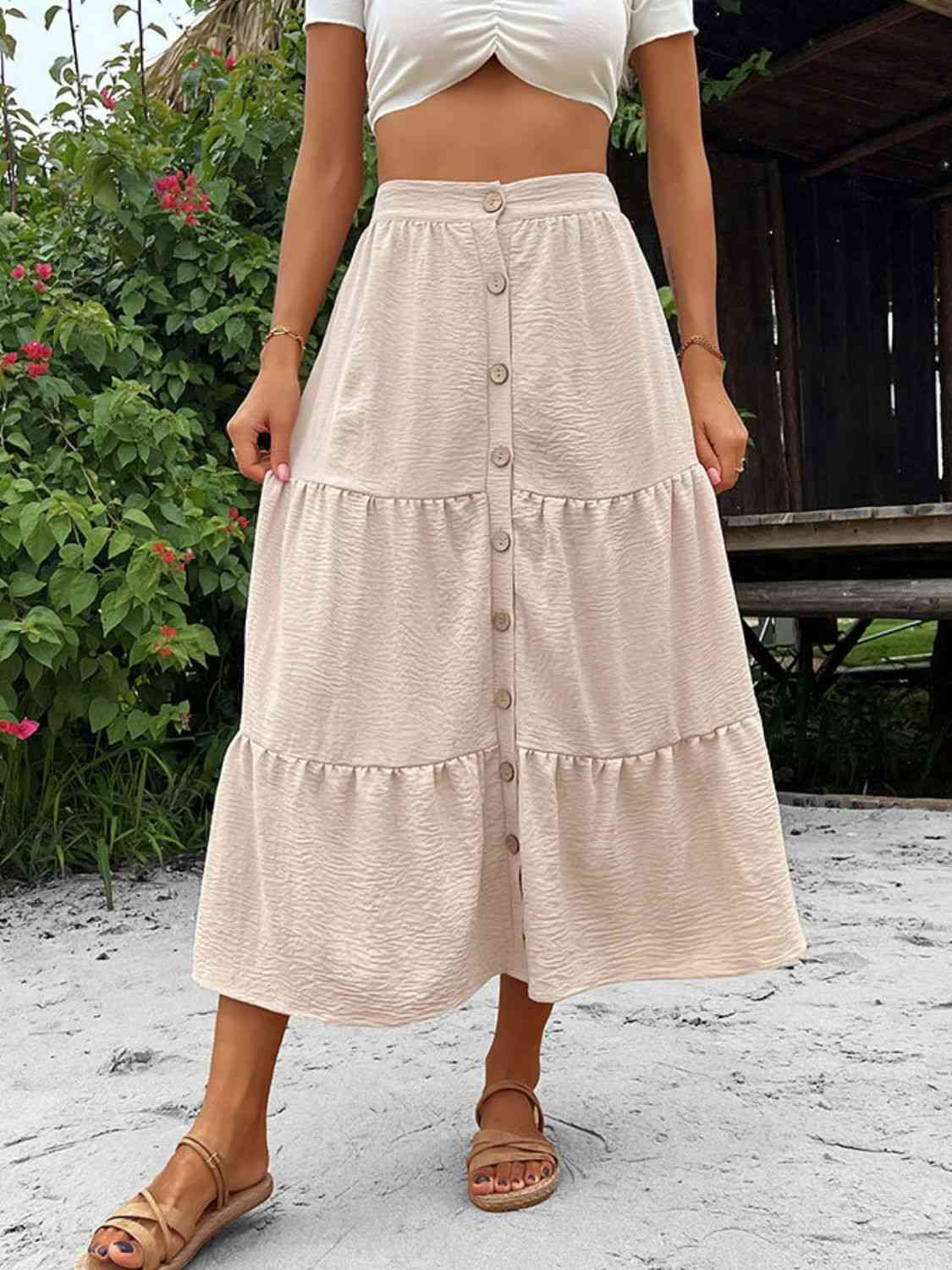 Beige Long Button Down Tiered Midi Skirt