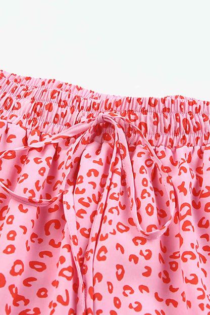 Tiny Leopard Drawstring coral Pink Waist Frill Trim Tiered Skirt