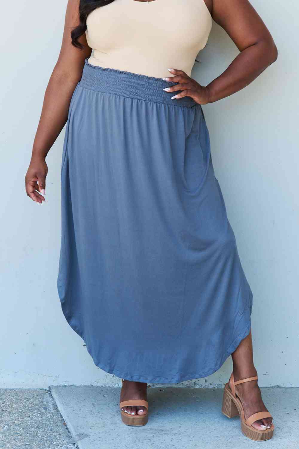 Lounge Easy care Comfort Princess Full Size High Waist Scoop Hem Maxi Skirt in Dusty Blue