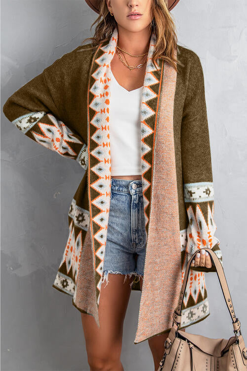 Geometric Indian Pattern Open Front Long Sleeve Cardigan