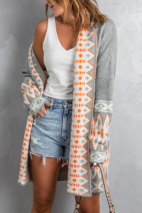 Geometric Indian Pattern Open Front Long Sleeve Cardigan