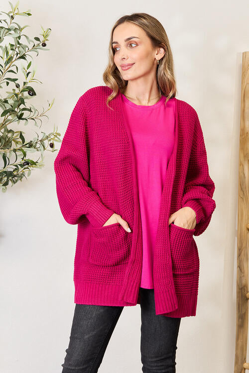 Red Pink Basic Full Size Waffle-Knit Open Front Cardigan