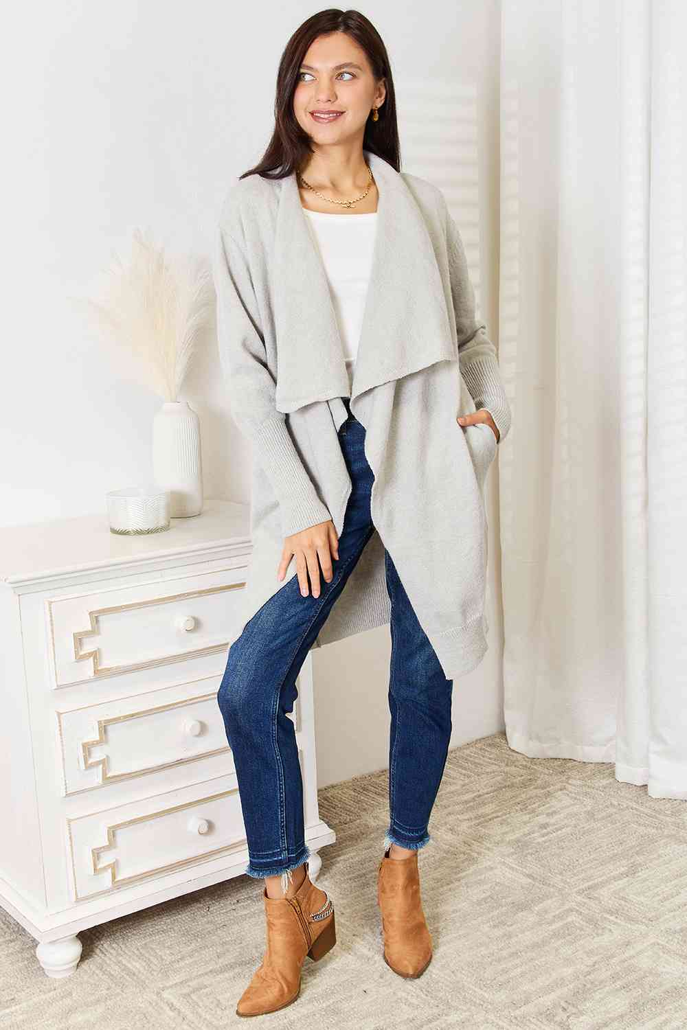 Light Gray Warm Double Take Open Front Duster Cardigan with Pockets