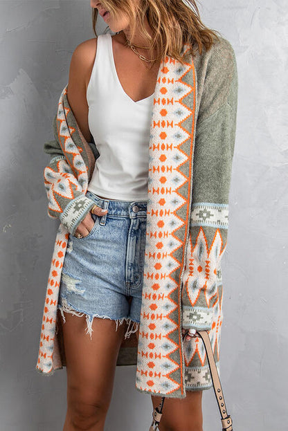 Geometric Indian Pattern Open Front Long Sleeve Cardigan