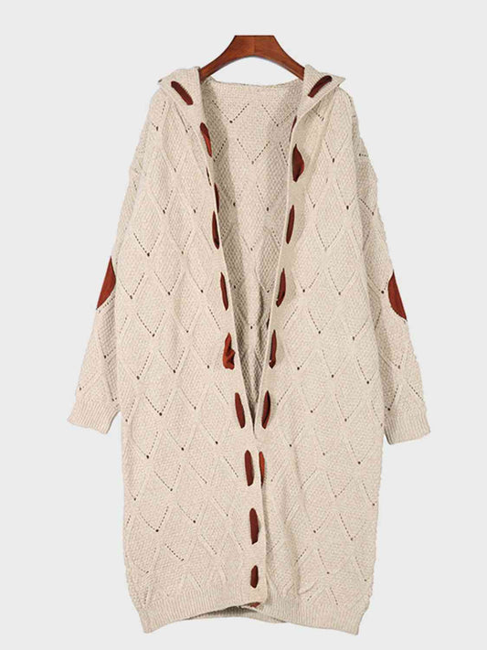 Natural Stylish Openwork Long Sleeve Open Front Hooded Cardigan