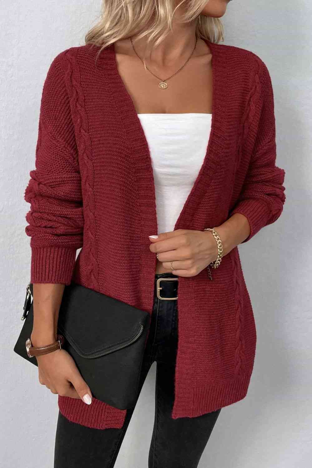 Creamy Basic Cable-Knit Open Front Cardigan with Pockets