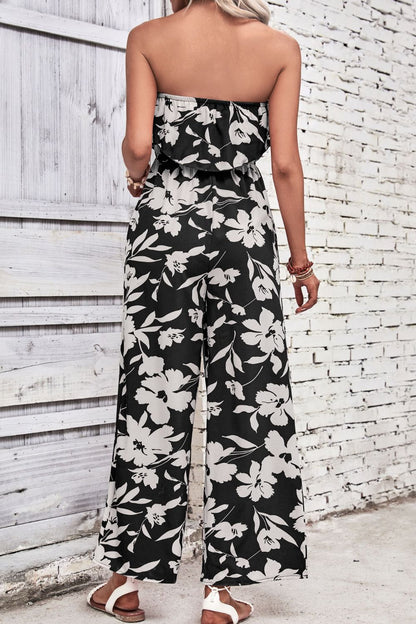 Wine Dark Red Floral Strapless Wide Leg Jumpsuit