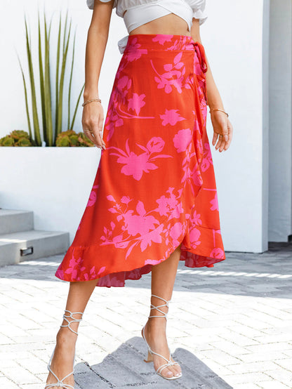 Red and Pink Floral Tied Ruffled Skirt front cover