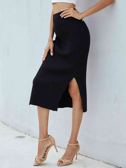 Black Ribbed Both Side Slit Midi Skirt