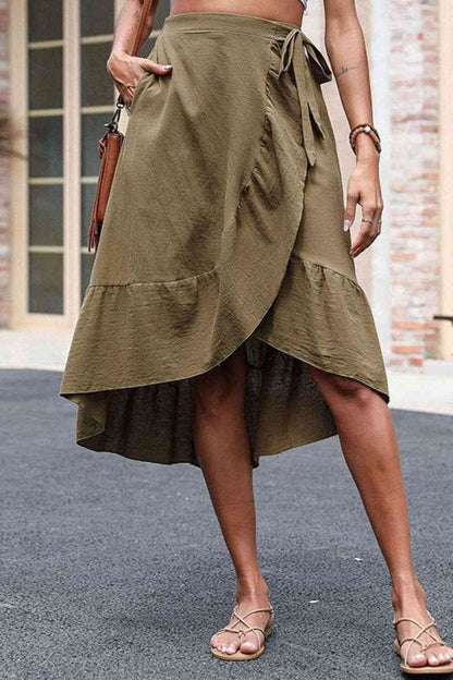 Volume Olive Color Elastic Waist Ruffled Midi Skirt with Pockets