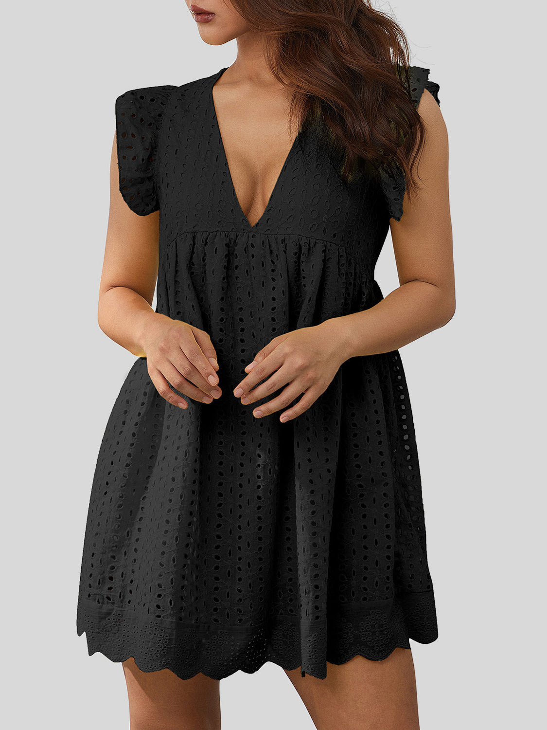 Ruffled Eyelet Cap Sleeve Short Mini Dress