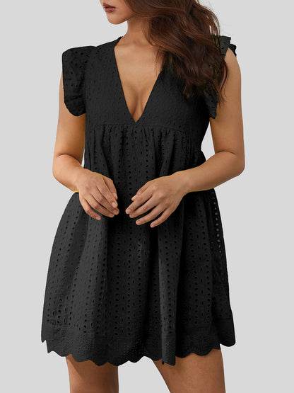 Ruffled Eyelet Cap Sleeve Short Mini Dress