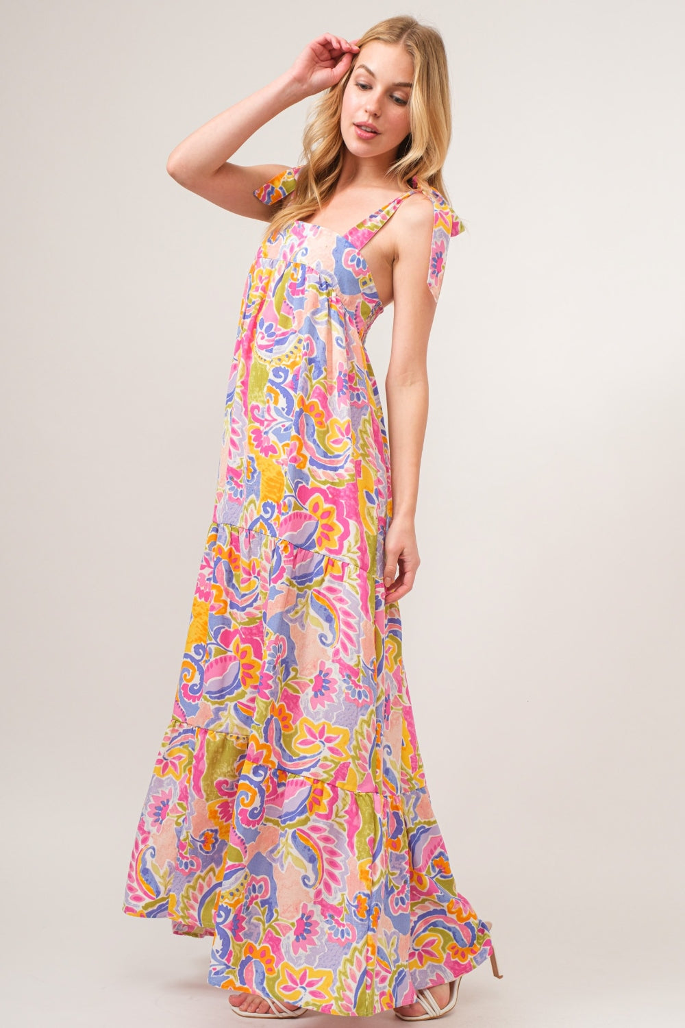 Multi Color Floral Printed Tie Shoulder Tiered Maxi Dress