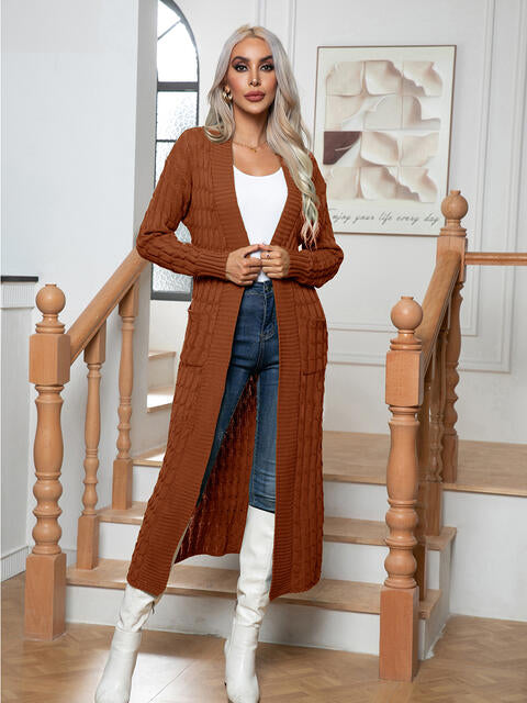Long Deep Cable-Knit Open Front Cardigan with Pockets