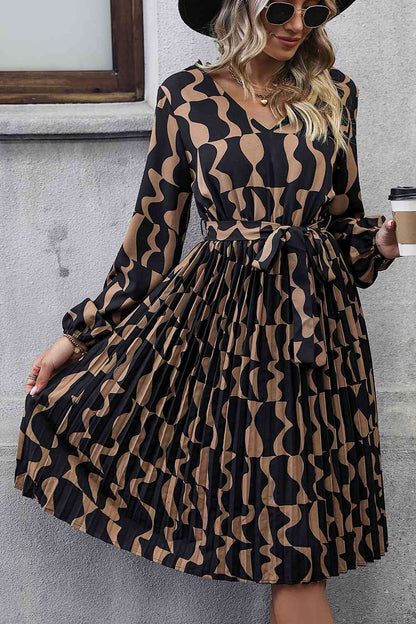Brown Geometric Leopard shape Lace Trim Long Sleeve Tie Waist Dress
