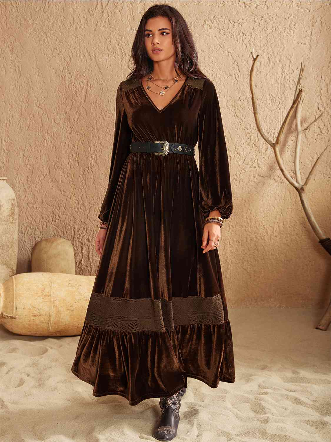 Chocolate Brown Velvet trim Ruffled V-Neck Long Sleeve Dress