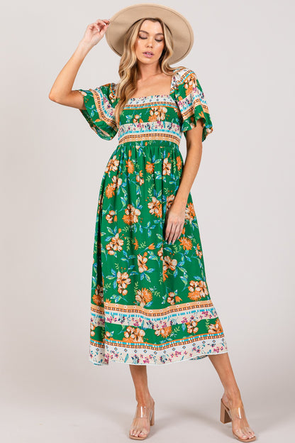 Square Neck Printed Smocked Short Sleeve Midi Dress