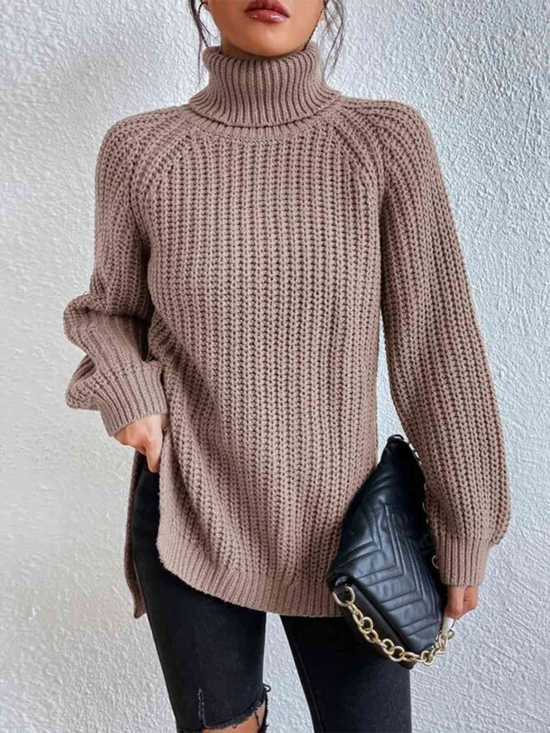 Full Size Turtleneck Rib-Knit Old Classic Forever Slit Sweater