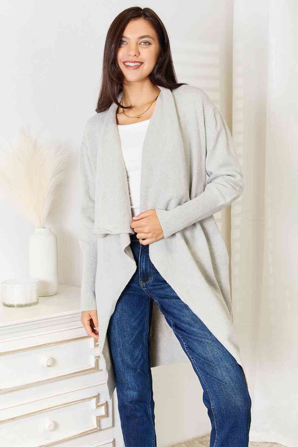 Light Gray Warm Double Take Open Front Duster Cardigan with Pockets