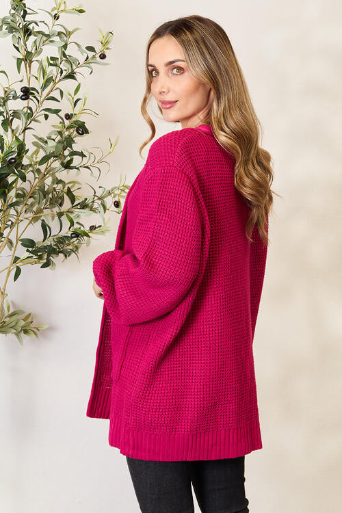 Red Pink Basic Full Size Waffle-Knit Open Front Cardigan