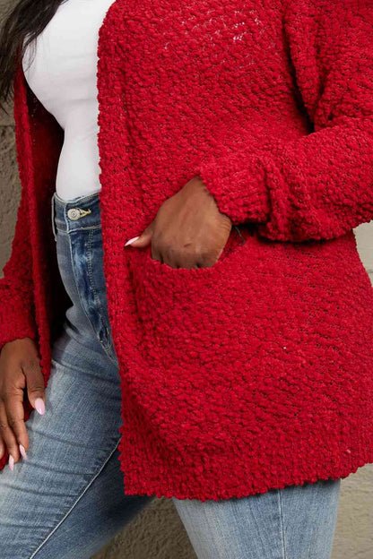 Deep Red Zenana Falling puff fur Full Size Open Front Popcorn Cardigan