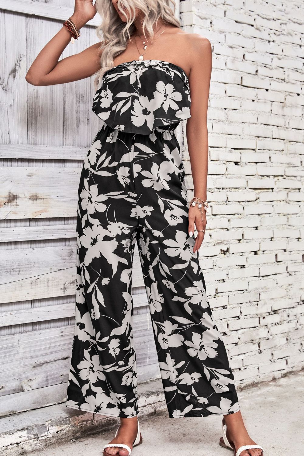 Wine Dark Red Floral Strapless Wide Leg Jumpsuit