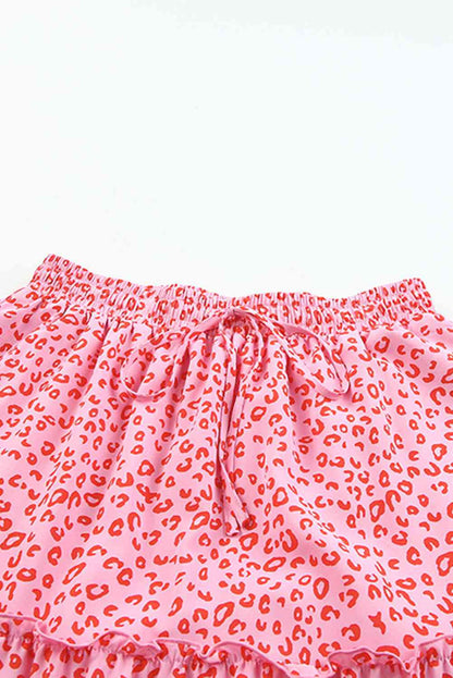 Tiny Leopard Drawstring coral Pink Waist Frill Trim Tiered Skirt