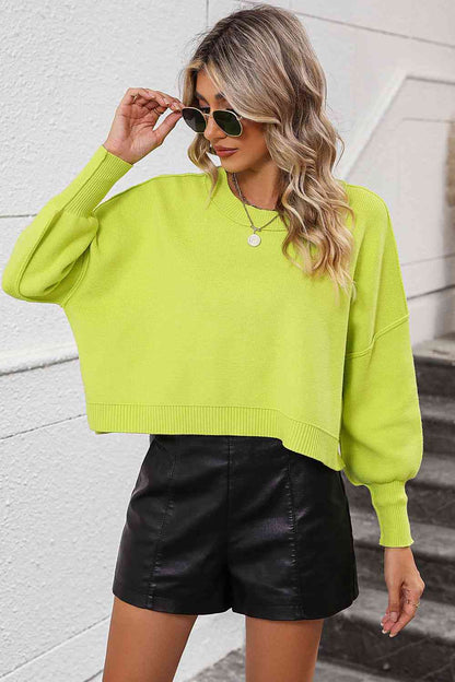 Round Neck Neon Urban CityDropped Shoulder Pullover Sweater