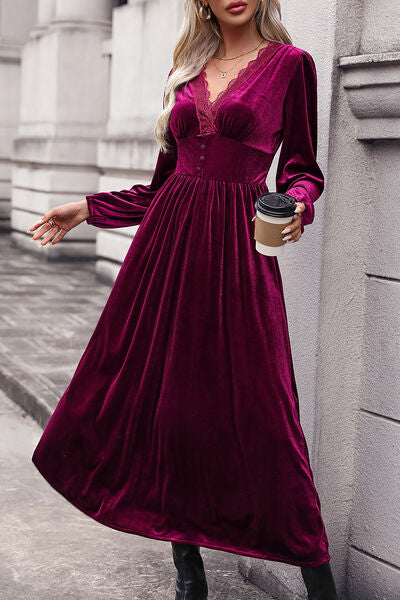 Tempting Cerise Color Velvet Lace Detail V-Neck Balloon Sleeve Midi Dress