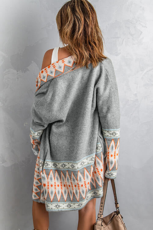 Geometric Indian Pattern Open Front Long Sleeve Cardigan