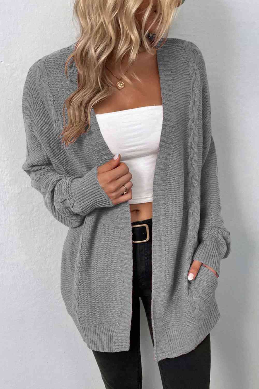 Creamy Basic Cable-Knit Open Front Cardigan with Pockets