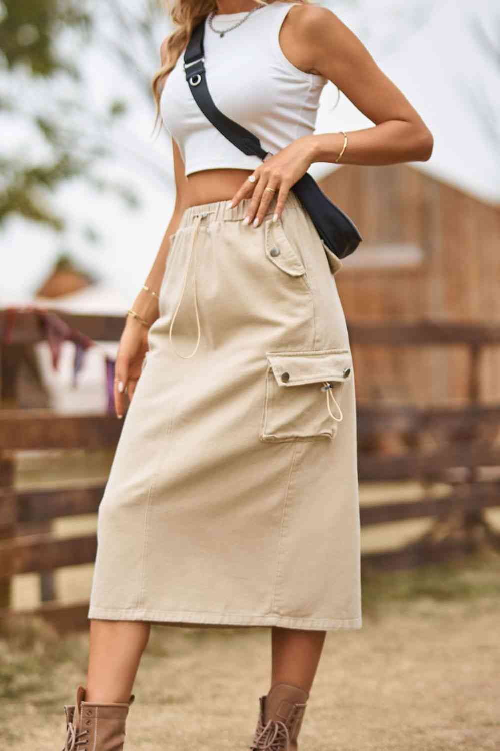 Tan/Green/ Black Pocket Drawstring Waist Slit Denim Skirt