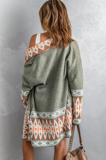 Geometric Indian Pattern Open Front Long Sleeve Cardigan