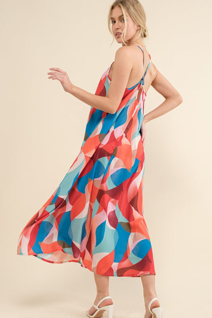 Red And Blue Printed Crisscross Back Cami Dress