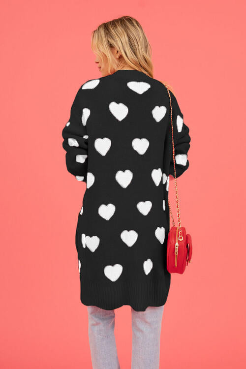 Heart Graphic Patterned Open Front Cardigan with Pockets