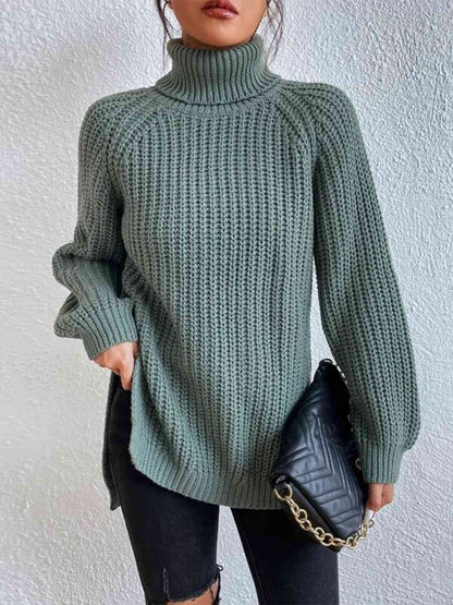 Full Size Turtleneck Rib-Knit Old Classic Forever Slit Sweater