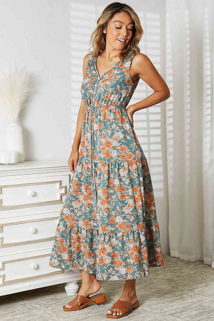 Calm Mid Sounds Double Take Floral V-Neck Tiered Sleeveless Dress