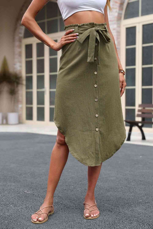Natural Fabric Tied Belt Frill Trim Buttoned Skirt