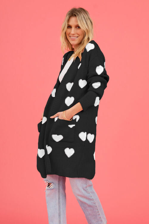 Heart Graphic Patterned Open Front Cardigan with Pockets