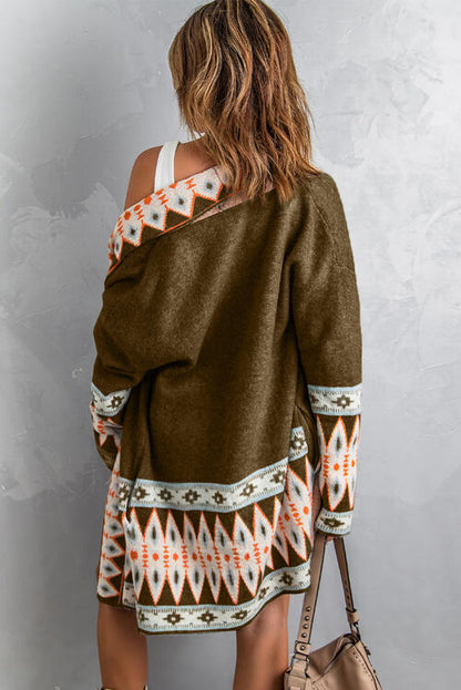 Geometric Indian Pattern Open Front Long Sleeve Cardigan