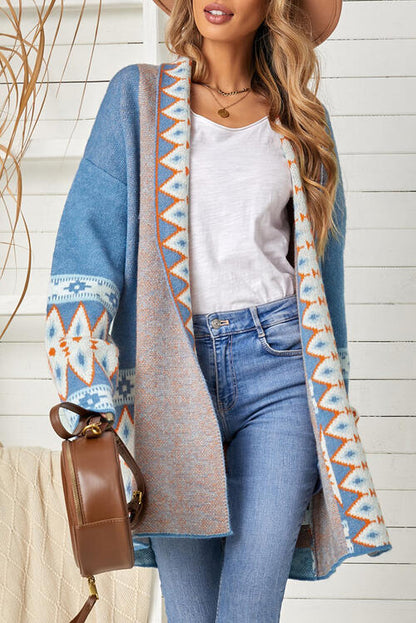 Geometric Indian Pattern Open Front Long Sleeve Cardigan