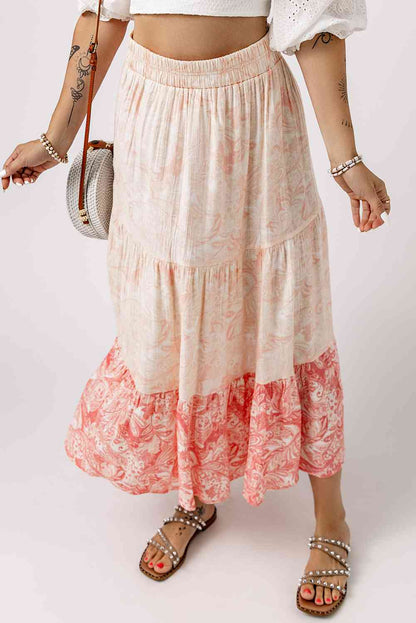 Floral Apricot Color Ruffle Block Tiered Skirt