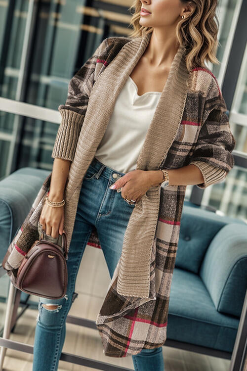 Rare Big Plaid Open Front Long Sleeve Cardigan