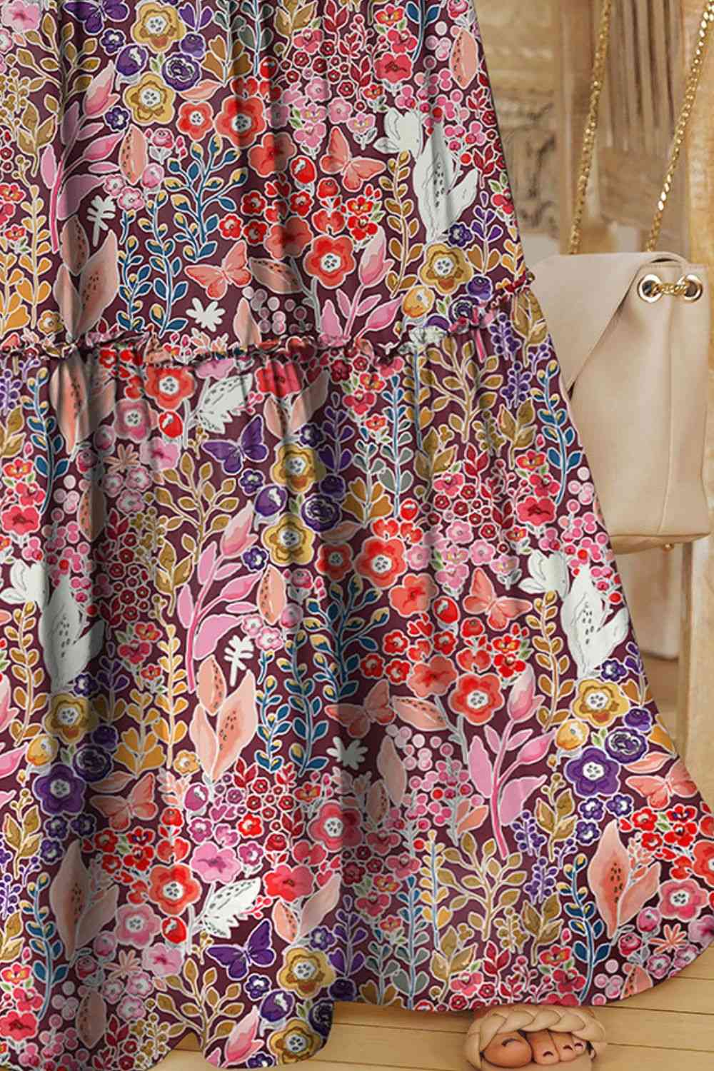 Colorful Floral Frill Trim Tiered Maxi Skirt