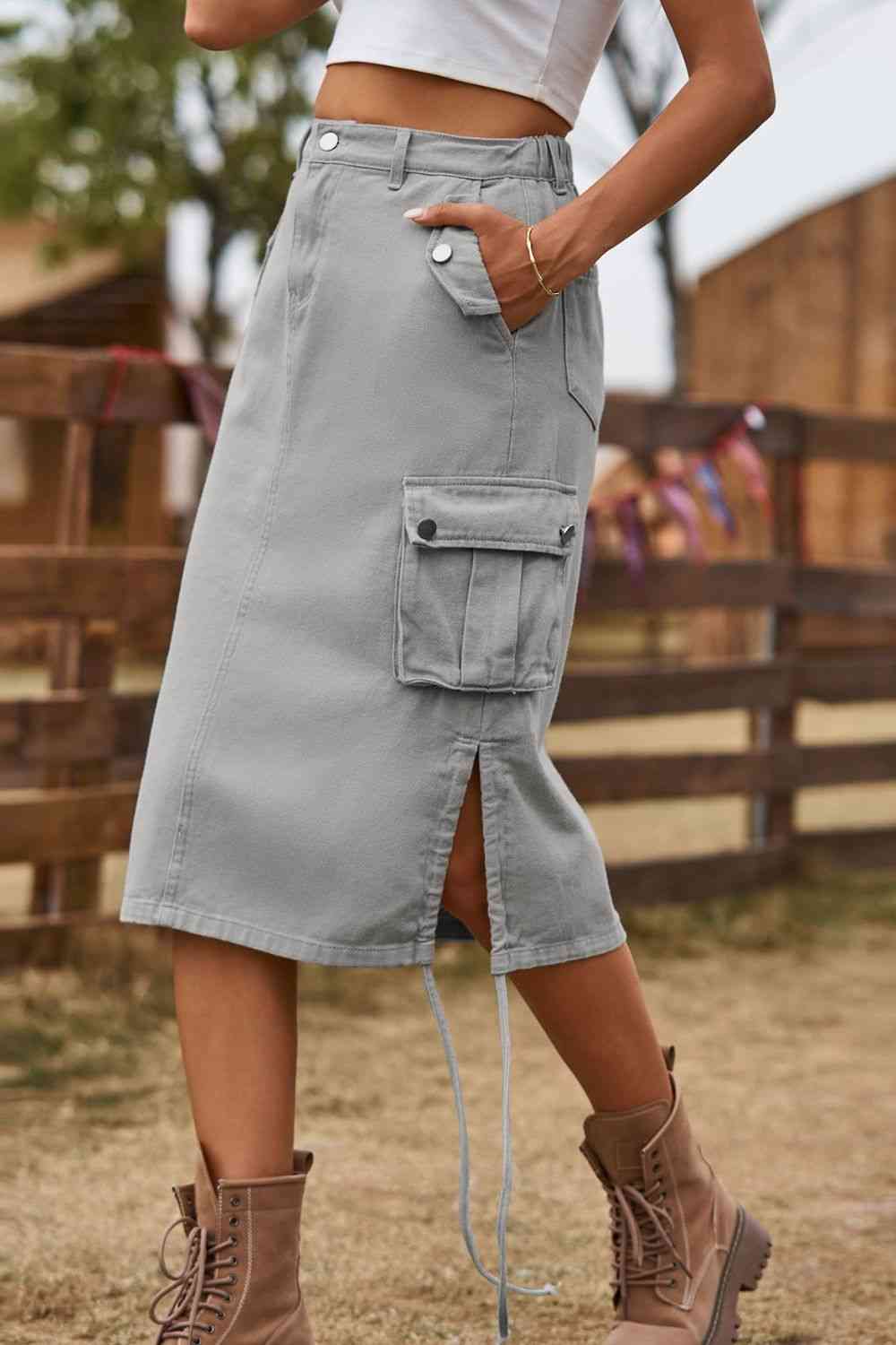 College Drawstring Both Side Pocket Denim Cargo Skirt