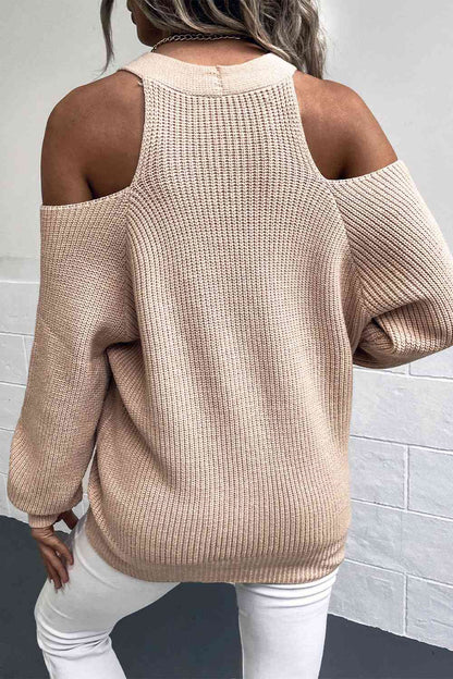 Cold Shoulder Basic Meeting Look Plunge Neck Ribbed Cardigan