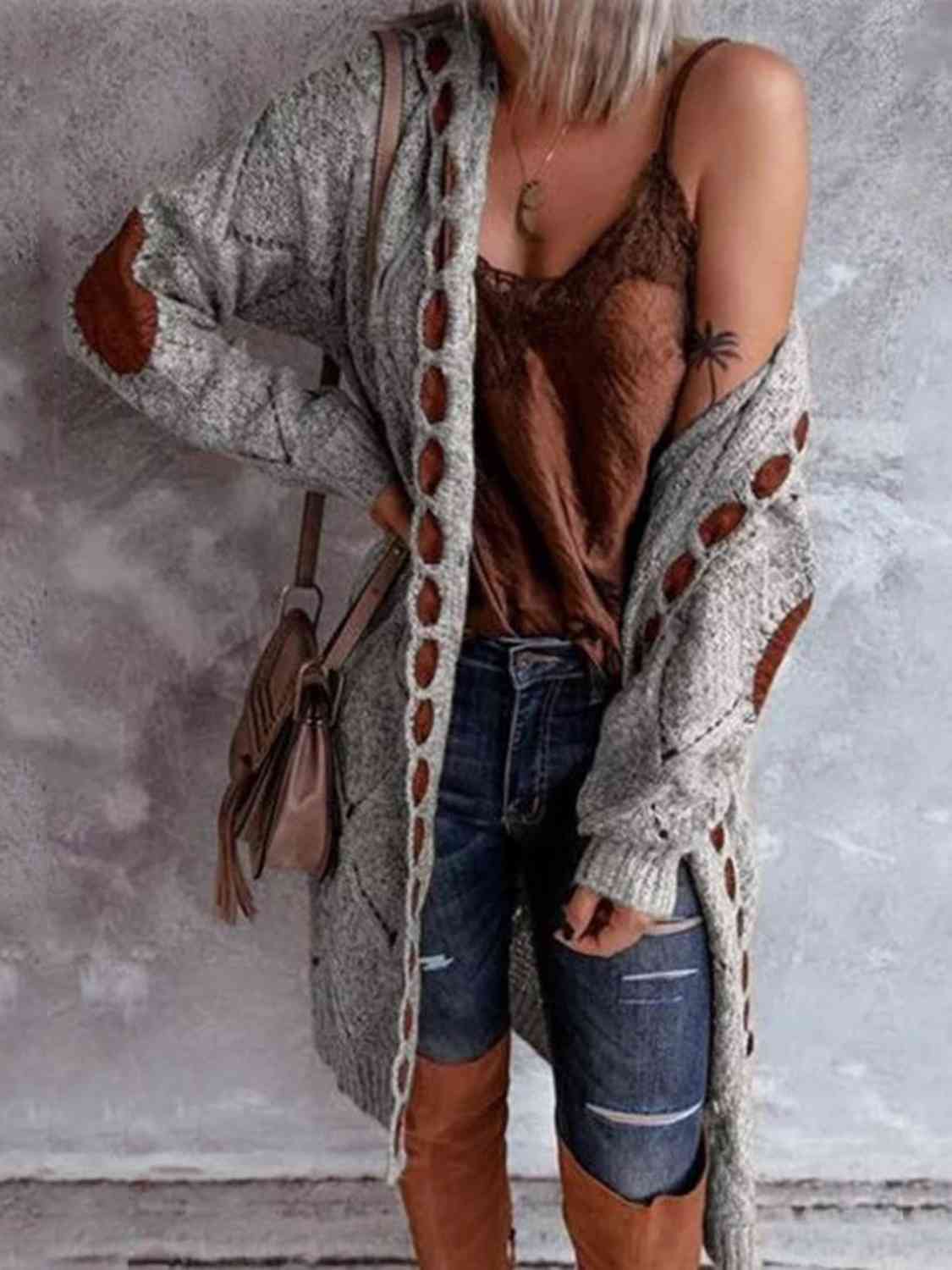 Natural Stylish Openwork Long Sleeve Open Front Hooded Cardigan